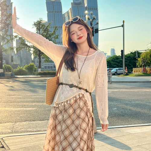 DM100大码百分百女装秋季微胖mm度假风镂空罩衫波西米亚风针织衫