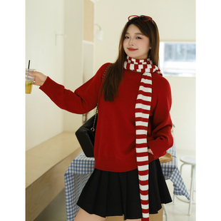 撞色条纹围巾宽松圆领毛衣针织衫 微胖mm冬季 百分百女装 DM100大码