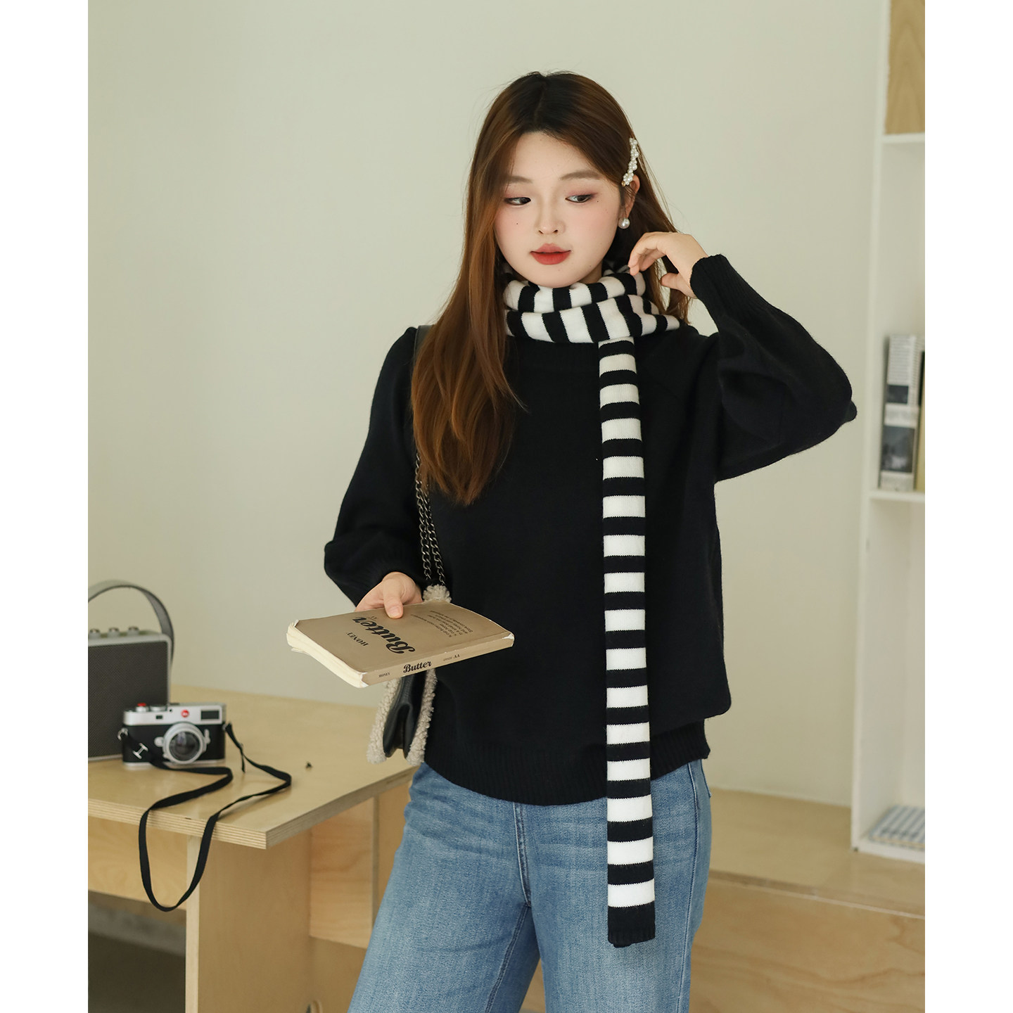 【年终清仓】DM100大码女装冬季撞色条纹围巾宽松圆领毛衣针织衫,女装/女士精品,大码内搭,淘宝优惠券,粉丝福利购,淘宝优惠卷