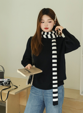 【年终清仓】DM100大码女装冬季撞色条纹围巾宽松圆领毛衣针织衫