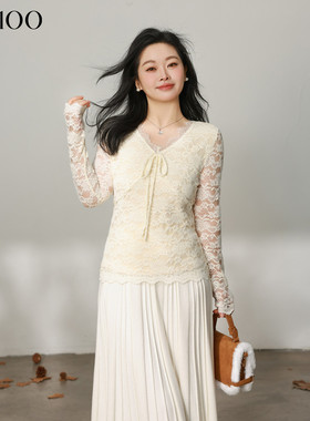 DM100大码百分百女装微胖mm冬季气质V领蝴蝶结正肩磨毛蕾丝打底衫