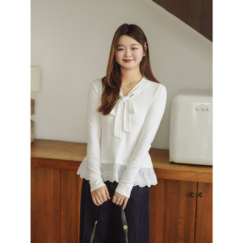 DM100大码百分百女装微胖mm冬季内搭荷叶边系带正肩修身打底衫T恤