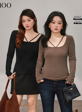 DM100大码百分百女装微胖mm冬季设计感U领弹力修身针织衫打底T恤