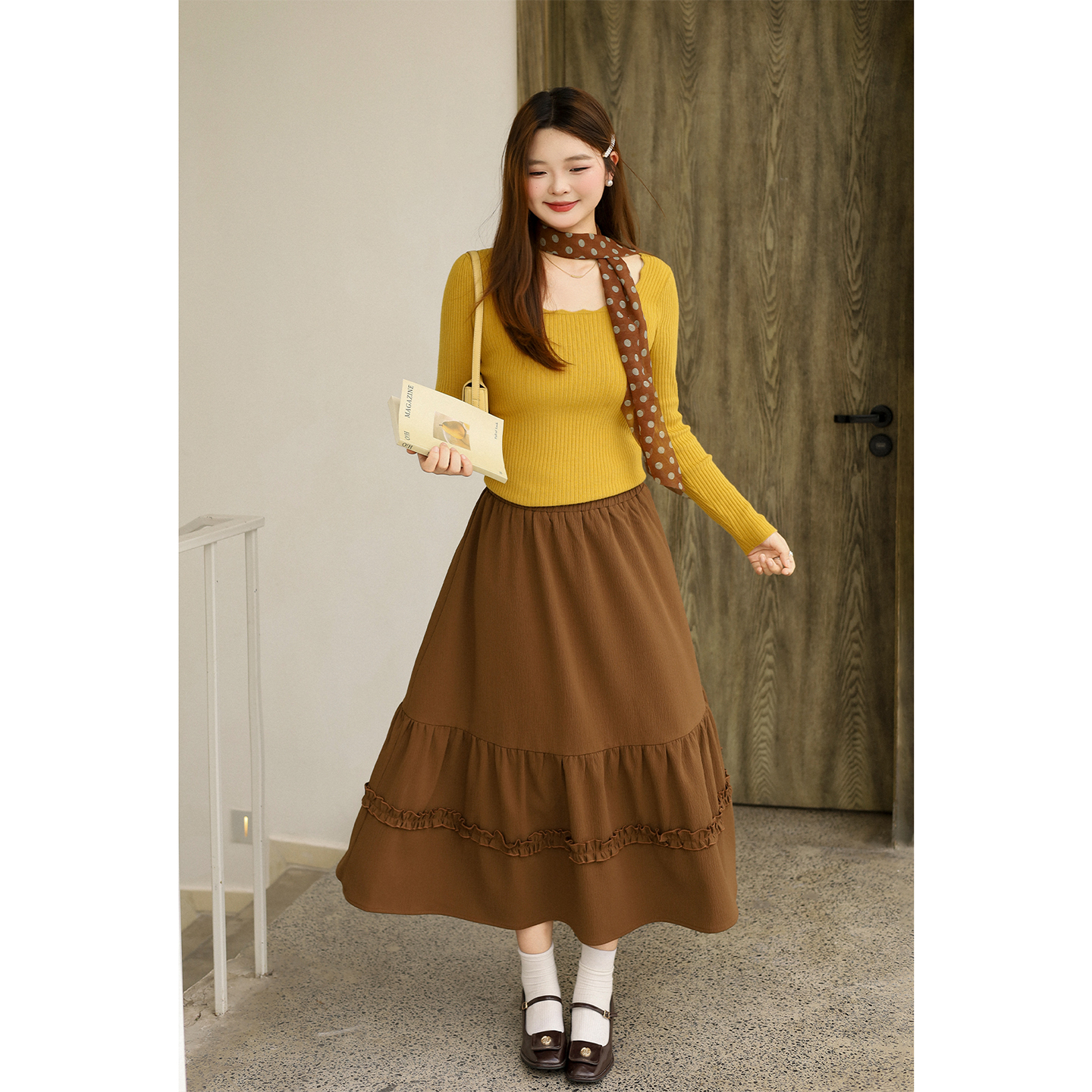 DM100大码百分百女装微胖mm冬季休闲百搭肌理梭织花边伞摆半身裙