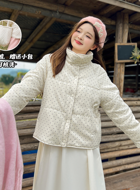 DM100大码百分百女装微胖mm秋冬保暖波点印花立领短款棉服外套