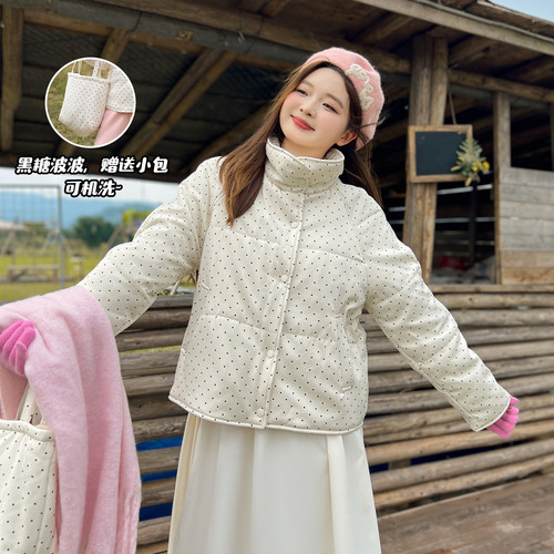 DM100大码百分百女装微胖mm秋冬保暖波点印花立领短款棉服外套