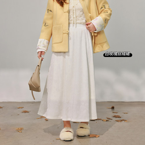 DM100大码百分百女装微胖mm冬季精致优雅丝绒压花玫瑰伞摆半身裙