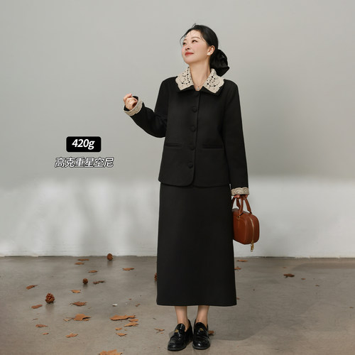 DM100大码百分百女装微胖mm冬季蕾丝翻领夹棉外套半身裙毛呢套装