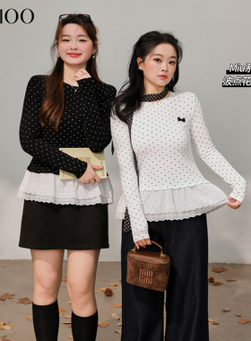 DM100大码百分百女装微胖mm冬季正肩圆领花边散摆波点T恤打底衫