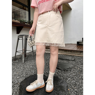 百分百女装 DM100大码 夏微胖mm牛仔流苏半身裙百搭高腰遮胯A字