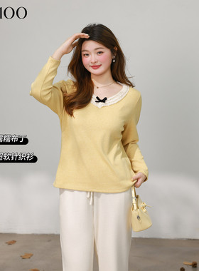 DM100大码百分百女装微胖mm冬季正肩V领撞色花边宽松直筒针织衫