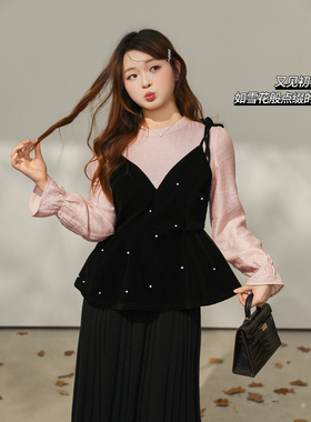 DM100大码百分百女装微胖mm春季法式氛围撞色丝绒吊带假两件上衣