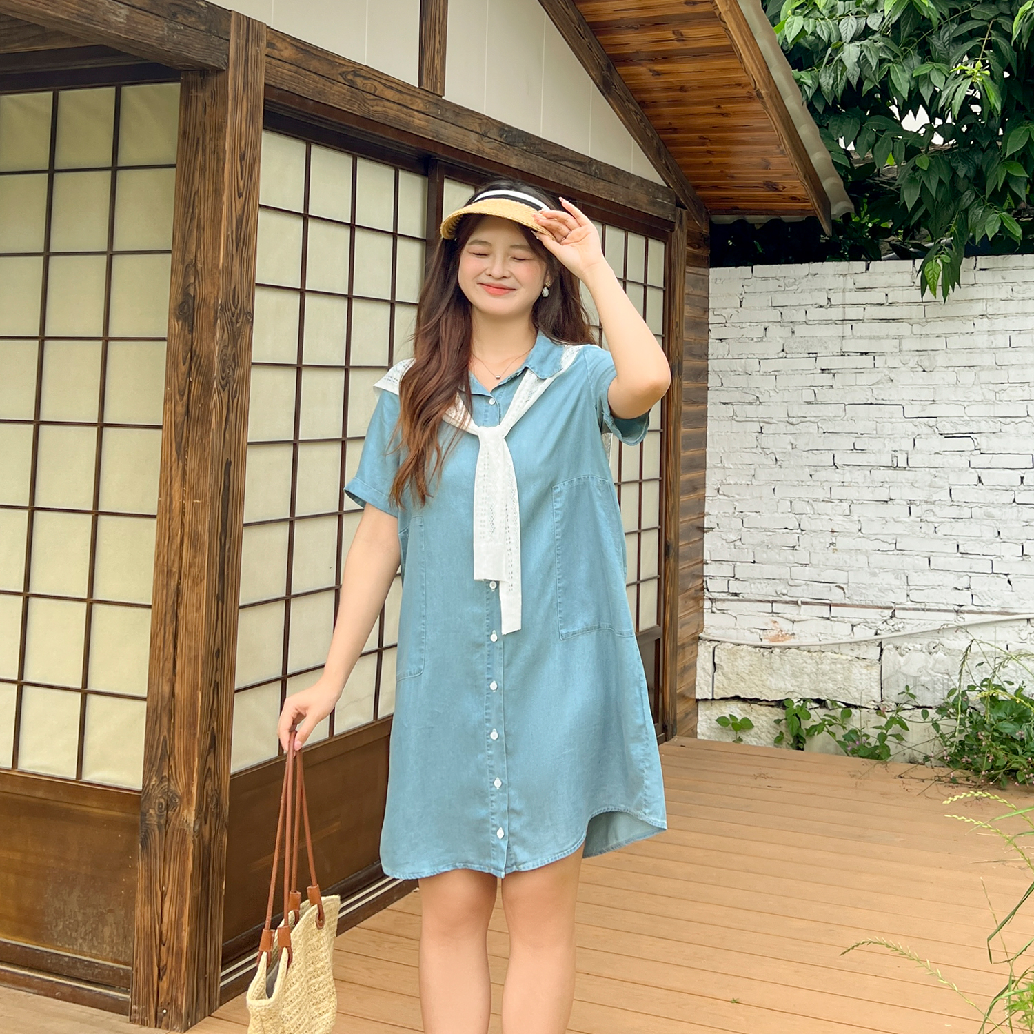 DM100大码百分百女装夏季微胖mm休闲凉感天丝牛仔披肩衬衫连衣裙