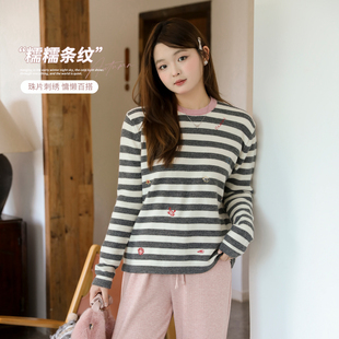 撞色圆领条纹正肩T恤磨毛打底衫 微胖mm秋季 百分百女装 DM100大码