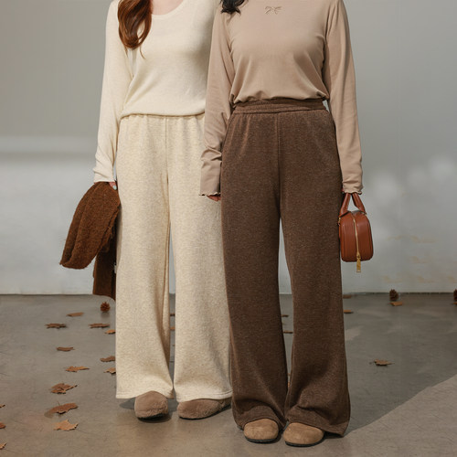 DM100大码百分百女装微胖mm冬季百搭显瘦加绒针织直筒阔腿休闲裤