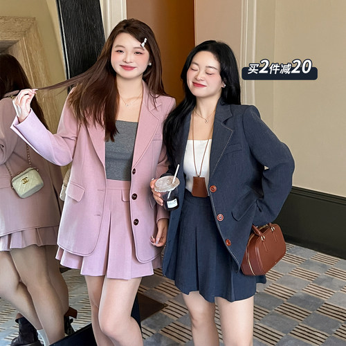 DM100大码百分百女装秋季微胖mm减龄学院风撞色磨毛正肩西装套装
