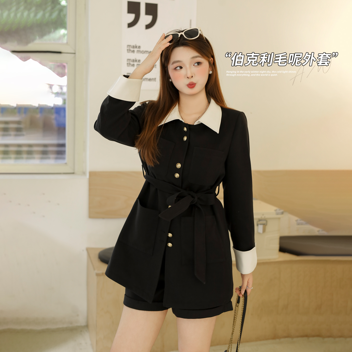 DM100大码百分百女装胖mm秋冬撞色领口直筒收腰显瘦毛呢大衣外套