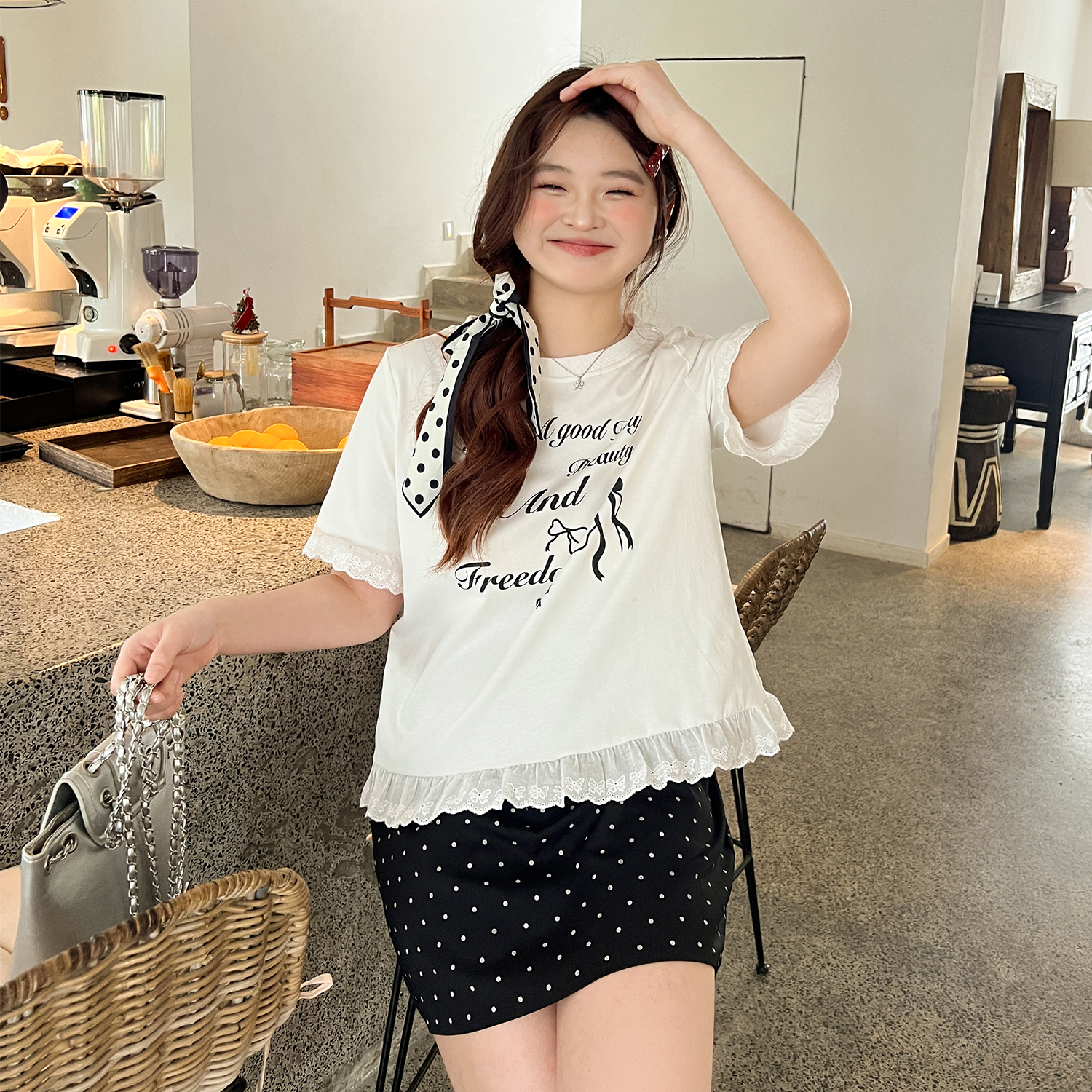 DM100大码百分百2025年夏季新款女装宽松短袖上衣撞色甜美印花T恤