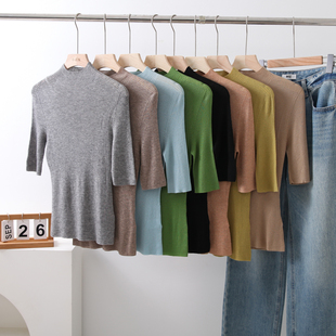 春夏款 无缝一体半高领薄款水溶羊毛修身套头纯色针织衫打底衫女