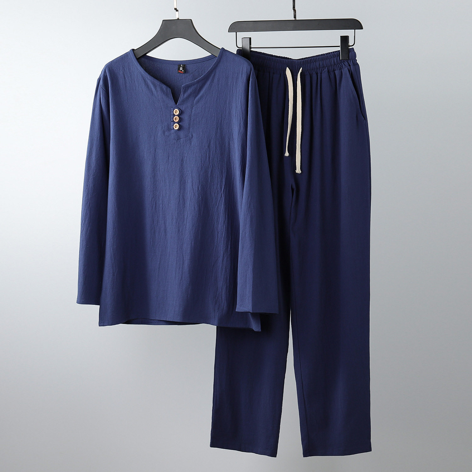 OVERSIZED AUTUMN COTTON AND LINEN LONG SLEEVE T-SHIRT SET MALE FAT MAN PLUS SIZE LINEN TANG SUIT TWO-PIECE FAT GUY