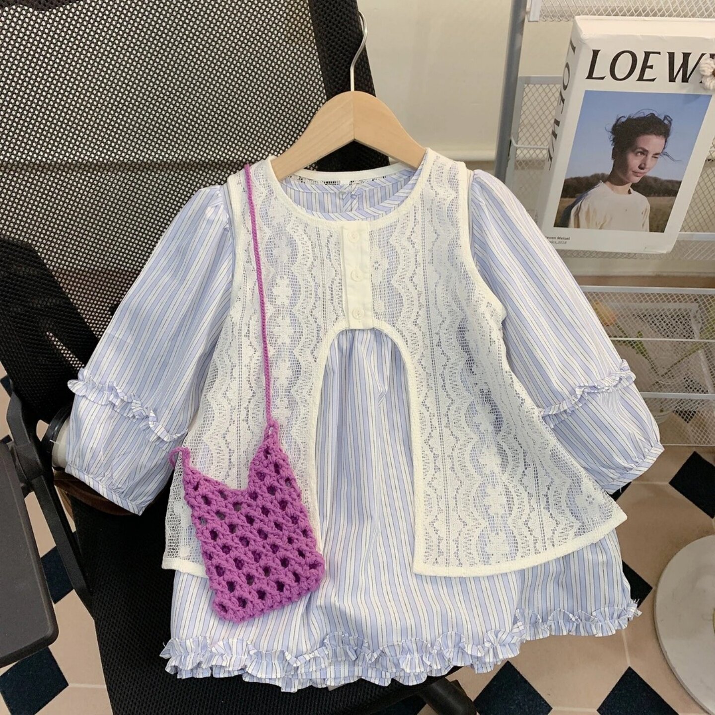 韩版女童蕾丝罩衫套装2026秋季新款女宝宝洋气条纹连衣裙两件套潮
