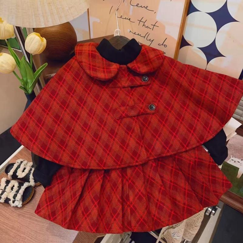 女童英伦学院风斗篷披肩公主裙两件套2025冬季格纹百褶半身裙套装