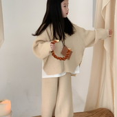 宝宝加厚两件套潮 洋气毛衣连帽外套直筒长裤 女童针织套装 秋冬新款