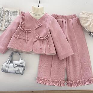 2025冬季新款女童小香风套装蝴蝶结夹棉上衣外套加绒裤子两件套