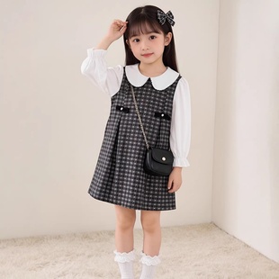 2026春秋新款女童韩版格子衬衫裙中小童学院风假两件甜美公主裙子