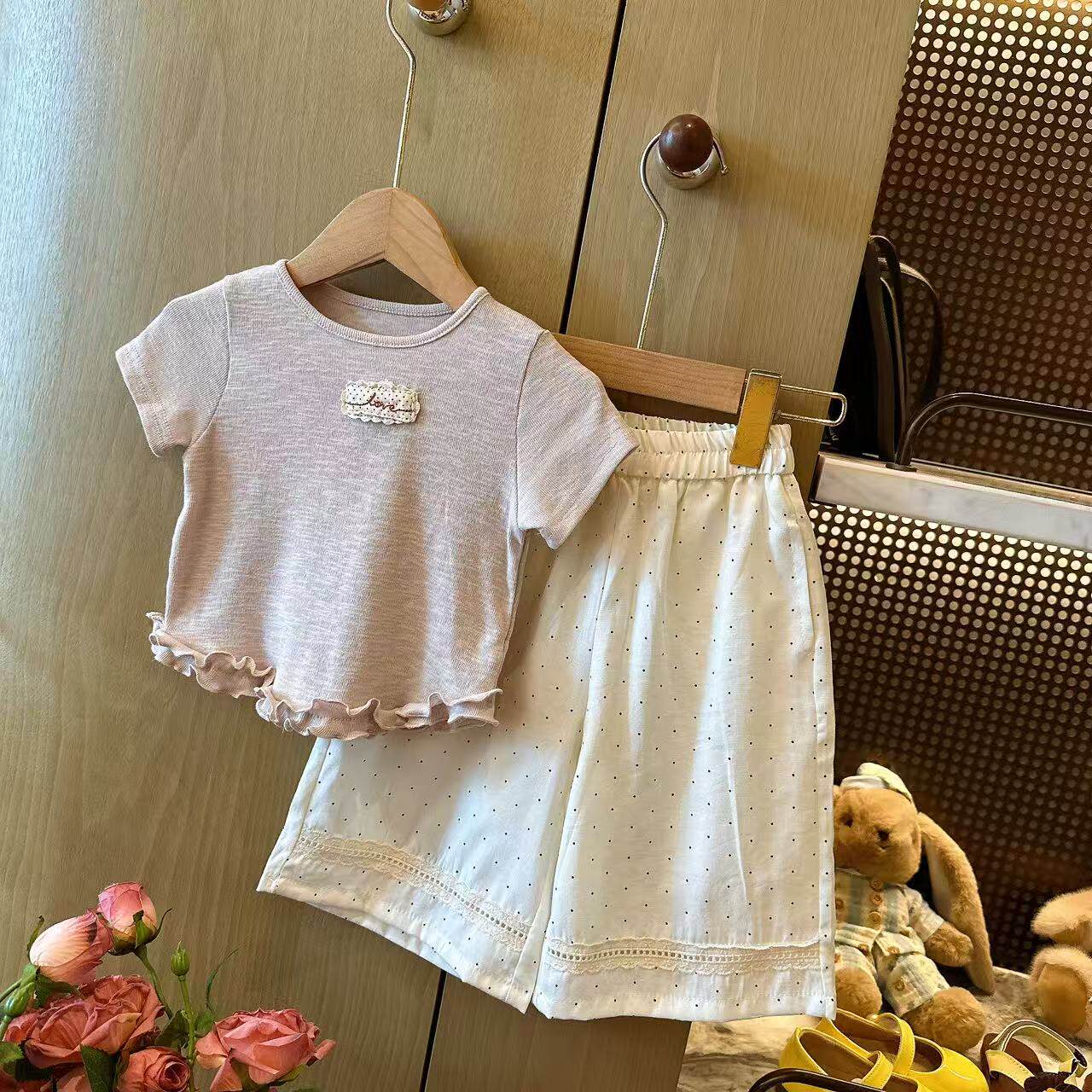韩版女童夏季甜美花边两件套