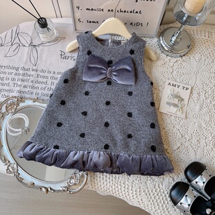 秋冬新款女童连衣裙儿童洋气时髦夹棉背心裙小女孩加厚毛呢公主裙