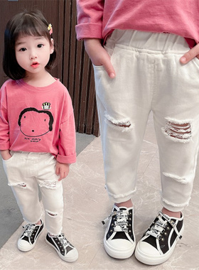 女童破洞牛仔裤春夏洋气1-6岁宝宝韩版白色休闲裤3儿童弹力乞丐裤