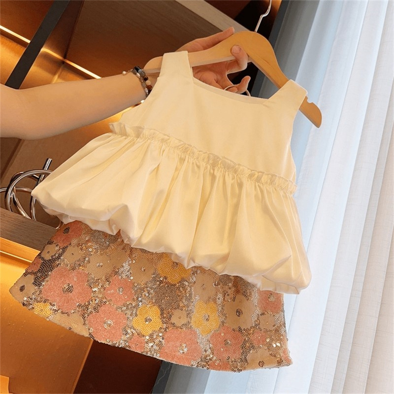 女童夏款吊带套装2025新款女宝宝休闲背心短袖夏季亮片裙子两件套