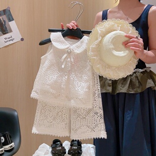 女童娃娃领镂空背心裤子两件套夏季女童洋气蝴蝶结镂空九分裤套装