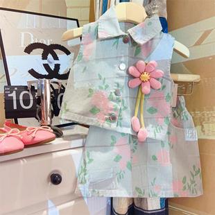 儿童夏季韩版时髦两件套女童洋气刺绣花朵牛仔无袖上衣半身裙套装