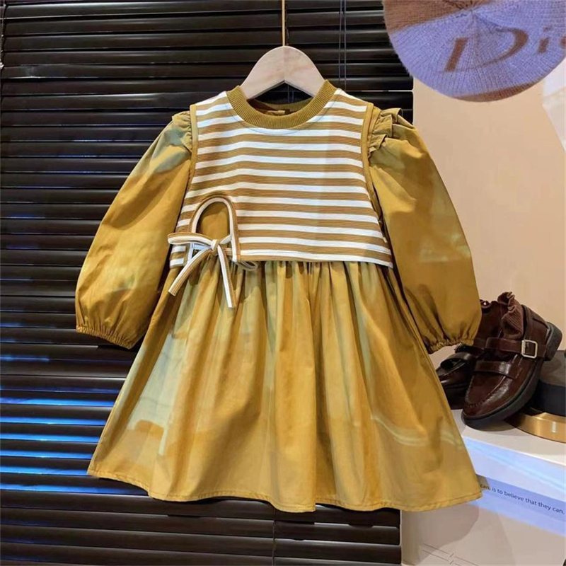 洋气2025春秋季新款韩版套装女童条纹小马甲长袖连衣裙组合两件套