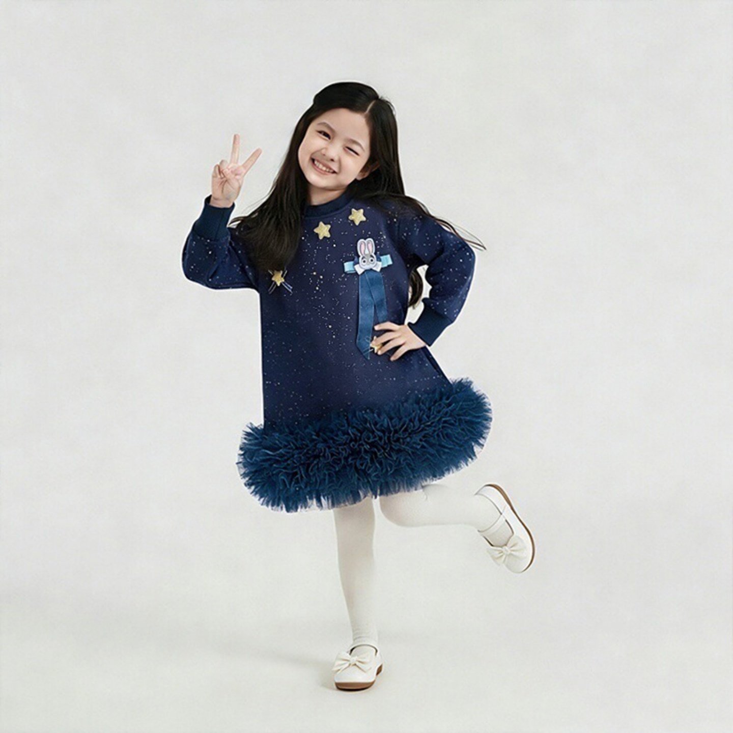 女童兔子警官连衣裙2026春秋季新款女宝宝洋气时尚长袖卫衣网纱裙