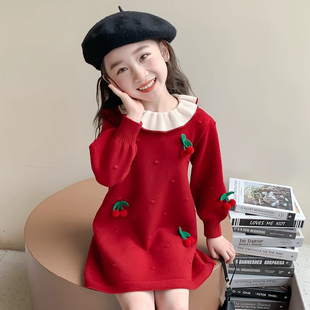 女童毛衣裙2025春秋季新款儿童娃娃领针织连衣裙宝宝时髦公主裙子