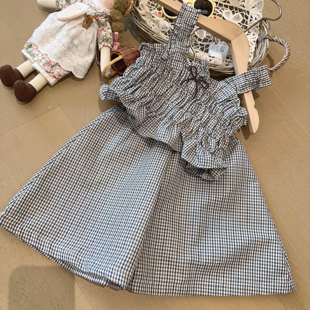 夏季女童韩系格子吊带阔腿裤套装