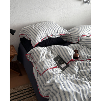 韩系蓝条四季通用100全棉纯棉床上四件套床笠床单被套床品三件套