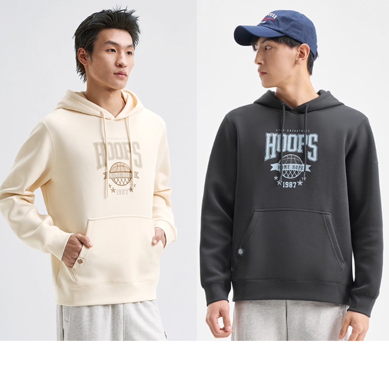 特步男款连帽卫衣2025春秋款针织运动男套头衫上衣975129 930188