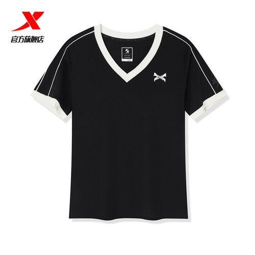 特步XDNA女V领运动T恤秋季款