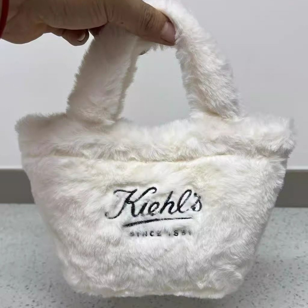 科颜氏白色毛绒手拎化妆包