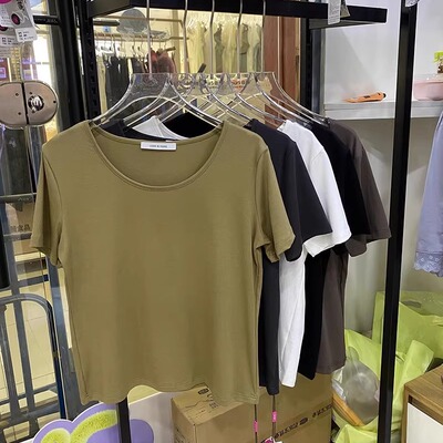 色柚3559美娜舒丹纯色女圆领T恤棉莫代尔黑白半袖背心外穿内搭