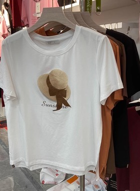 雅可25632夏女士立体刺绣莫代尔棉短袖圆领显瘦宽松T恤衫背心上衣