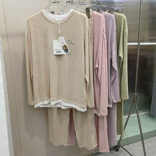 家居服外穿睡衣套装 长裤 柔软拼色 单层女士圆领长袖 9910秋冬新款