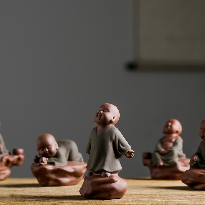 中式禅意紫砂陶瓷小和尚茶宠摆件