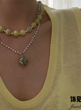 韩式度假风柠檬石项链女小众高级感锁骨链气质海螺天然珍珠颈饰品