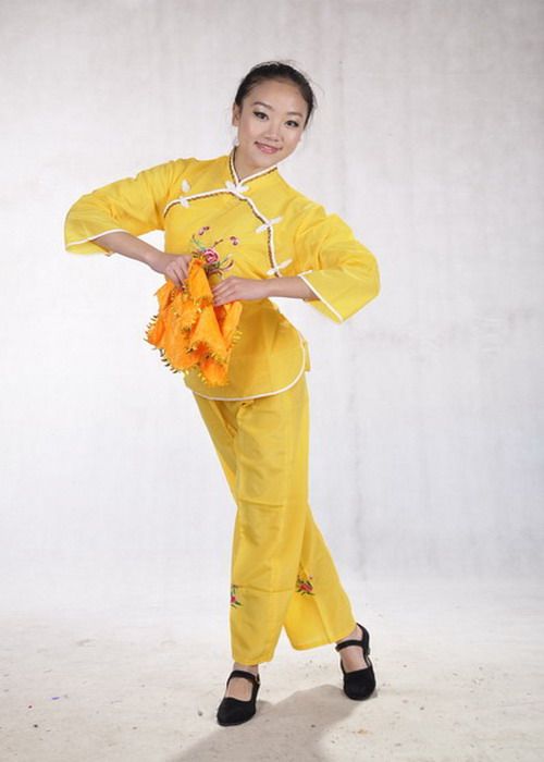 云南民族舞蹈演出服装/全扣白边秧歌服/花灯腰鼓舞台/扇子舞黄色6