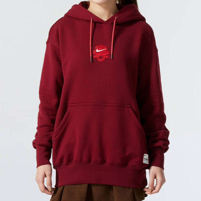 Nike耐克卫衣女装秋季新款正品运动服宽松保暖防风连帽红色套头衫